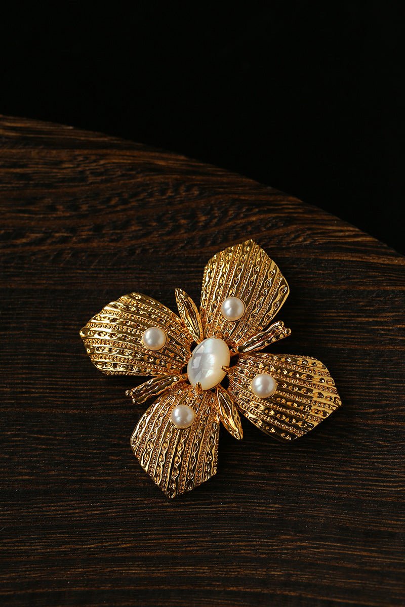Vintage Gilded Pearl & Mother of pearls Floral Brooch - floysun