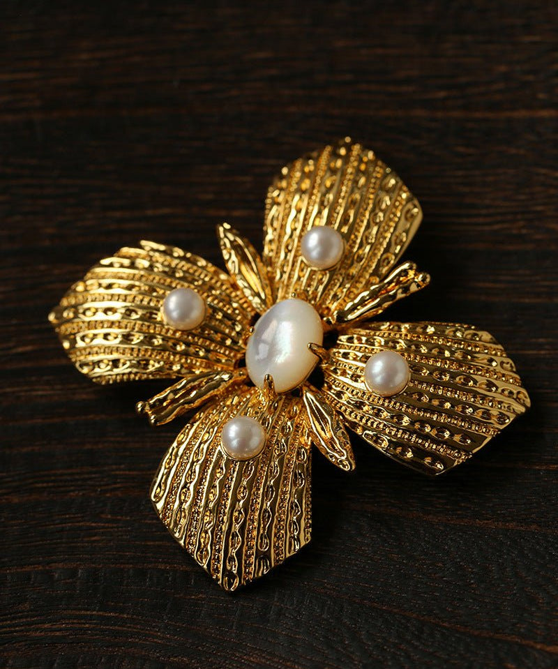 Vintage Gilded Pearl & Mother of pearls Floral Brooch - floysun
