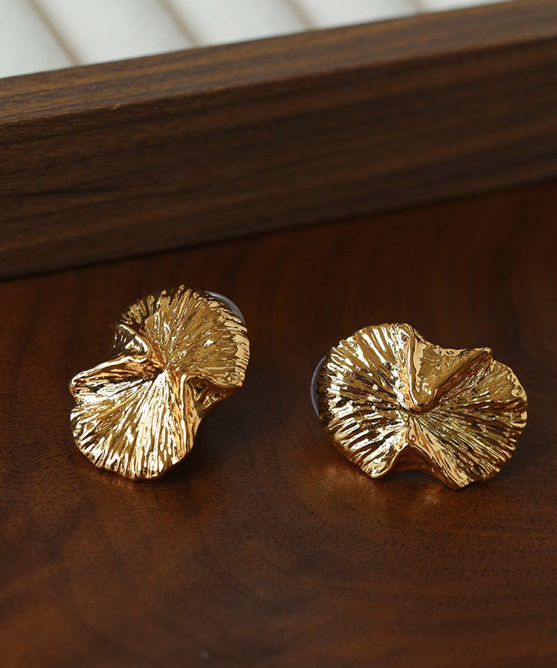 Vintage Ginkgo Leaf Earrings | Textured Gold Stud Earrings - floysun