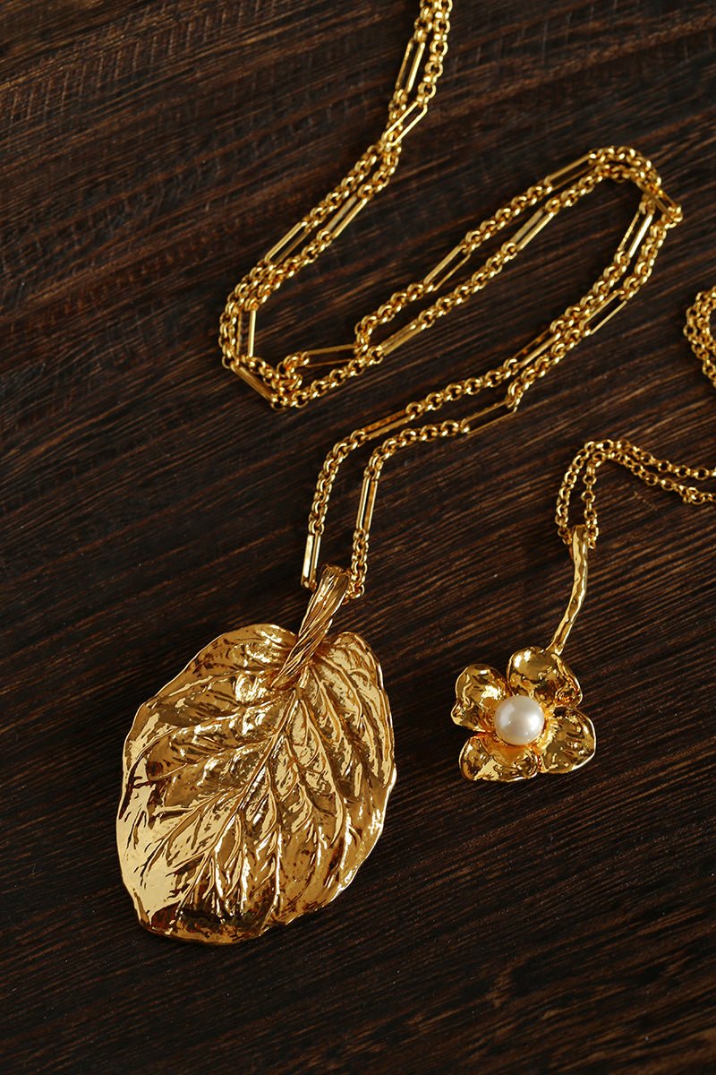 Vintage Gold Leaf Texture Pendant Necklace - floysun