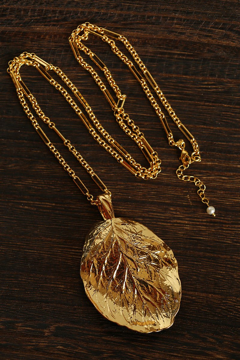 Vintage Gold Leaf Texture Pendant Necklace - floysun