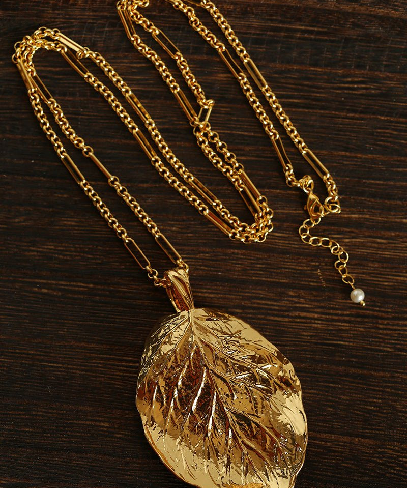 Vintage Gold Leaf Texture Pendant Necklace - floysun