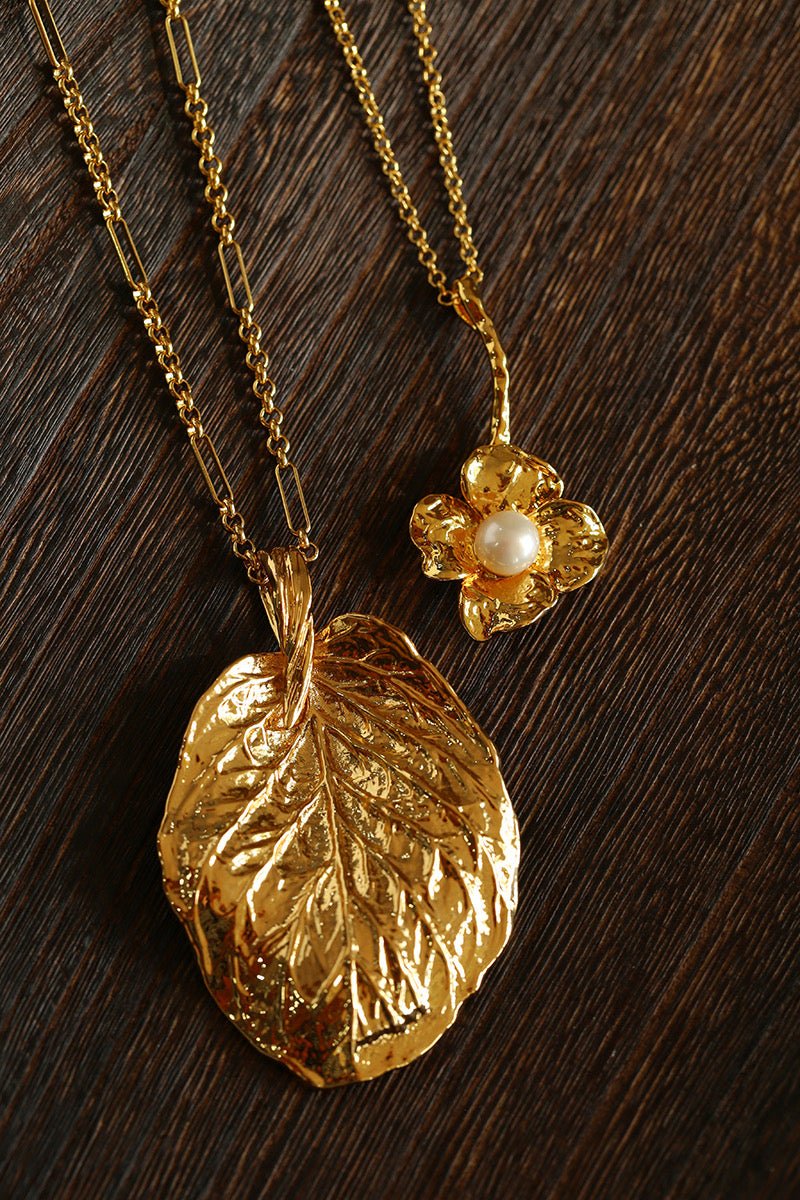 Vintage Gold Leaf Texture Pendant Necklace - floysun