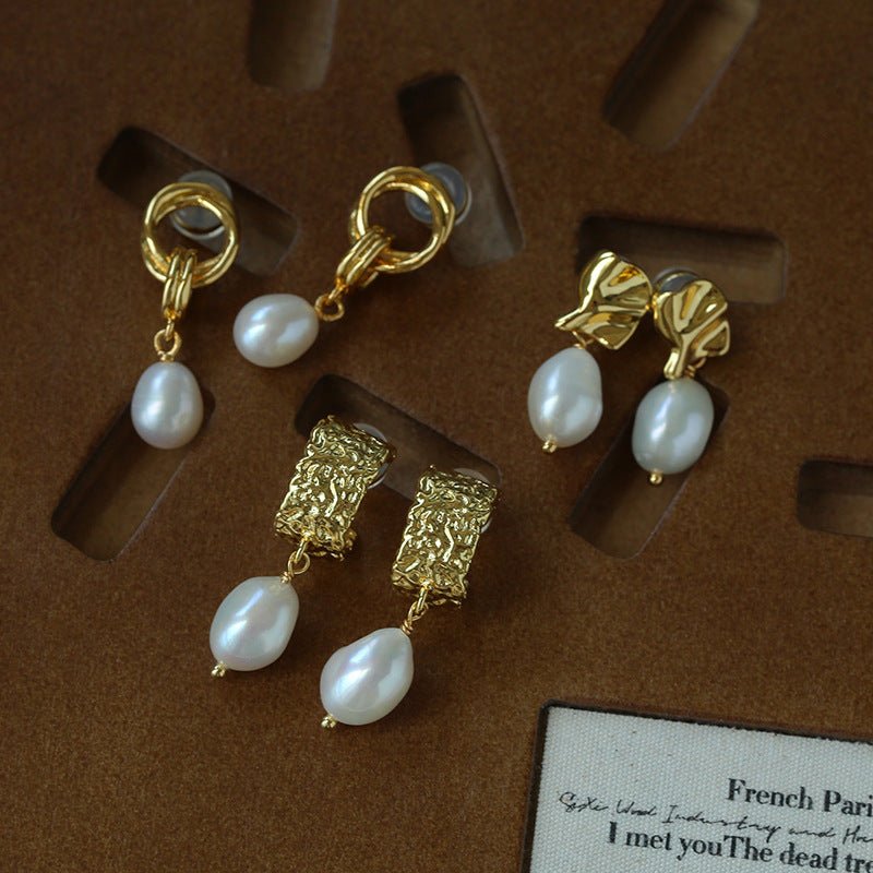 Vintage Gold Natural Freshwater Pearl Drop Earrings - floysun