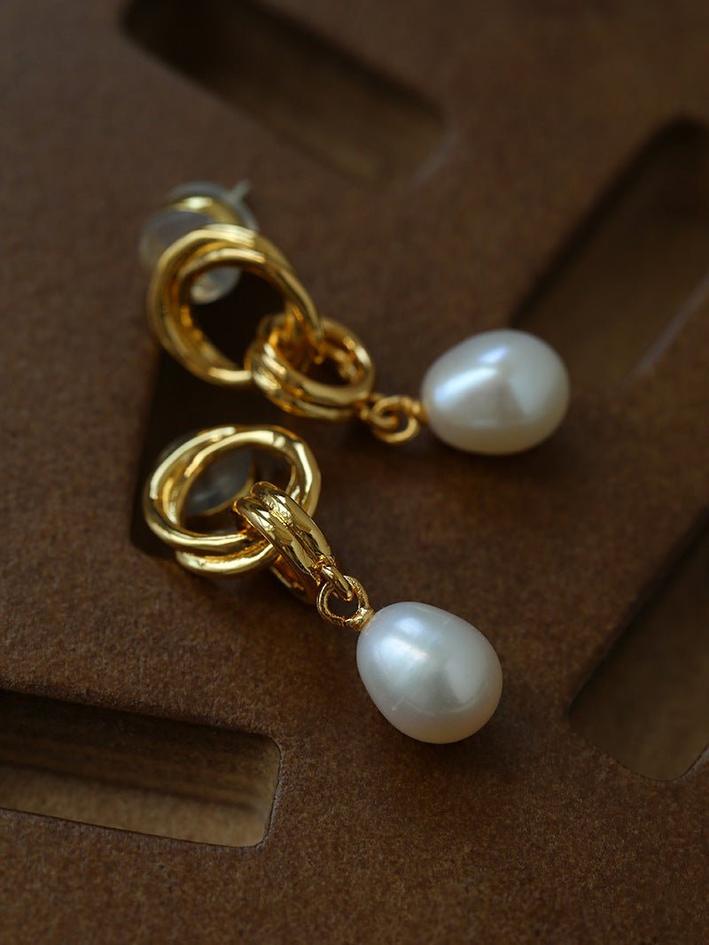 Vintage Gold Natural Freshwater Pearl Drop Earrings - floysun