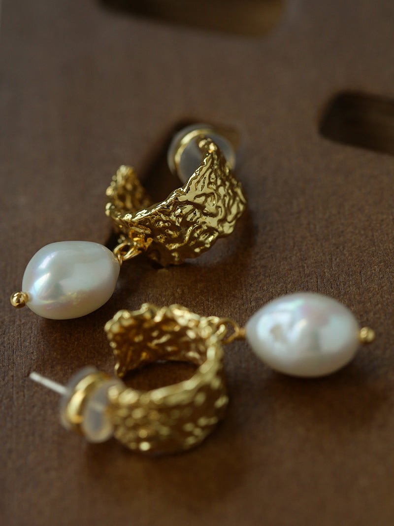 Vintage Gold Natural Freshwater Pearl Drop Earrings - floysun