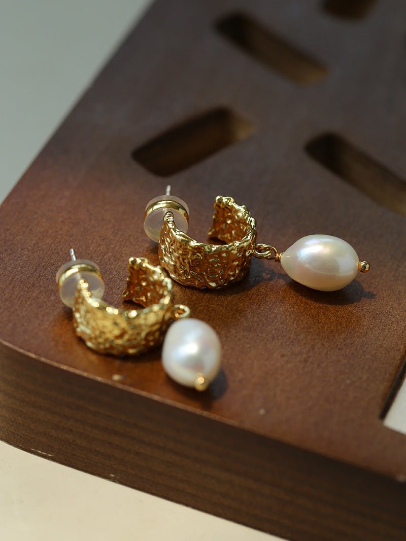 Vintage Gold Natural Freshwater Pearl Drop Earrings - floysun