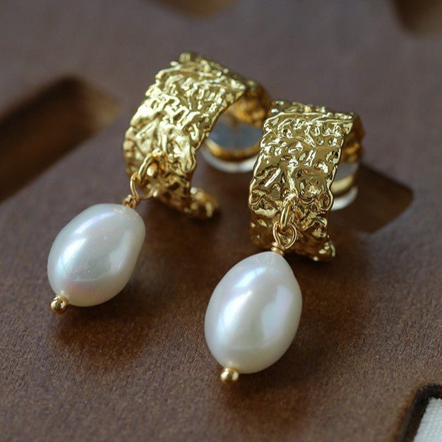 Vintage Gold Natural Freshwater Pearl Drop Earrings - floysun