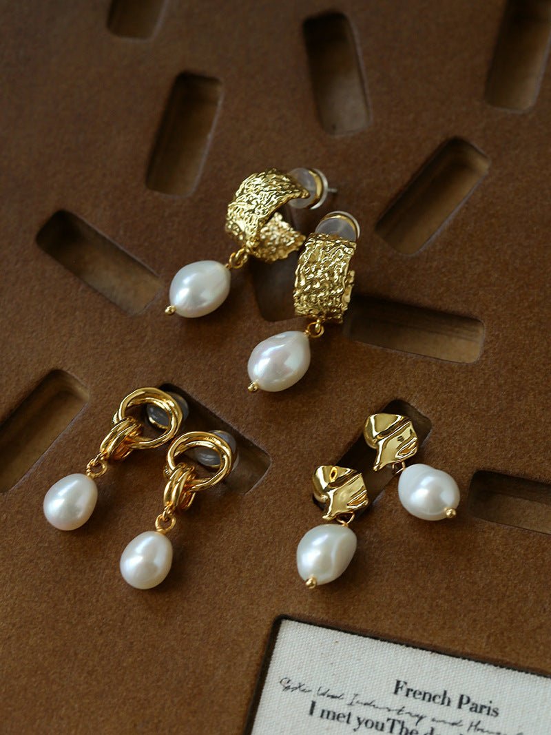 Vintage Gold Natural Freshwater Pearl Drop Earrings - floysun