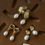 Vintage Gold Natural Freshwater Pearl Drop Earrings - floysun