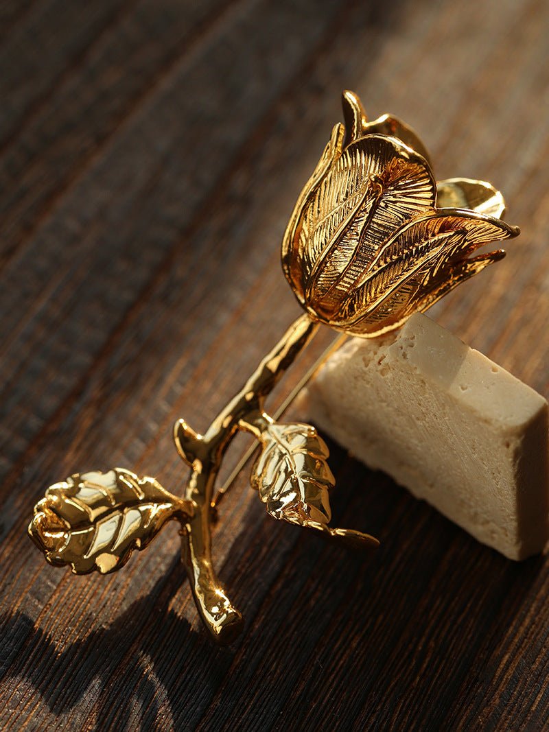 Vintage Gold Rose Branch Brooch - floysun