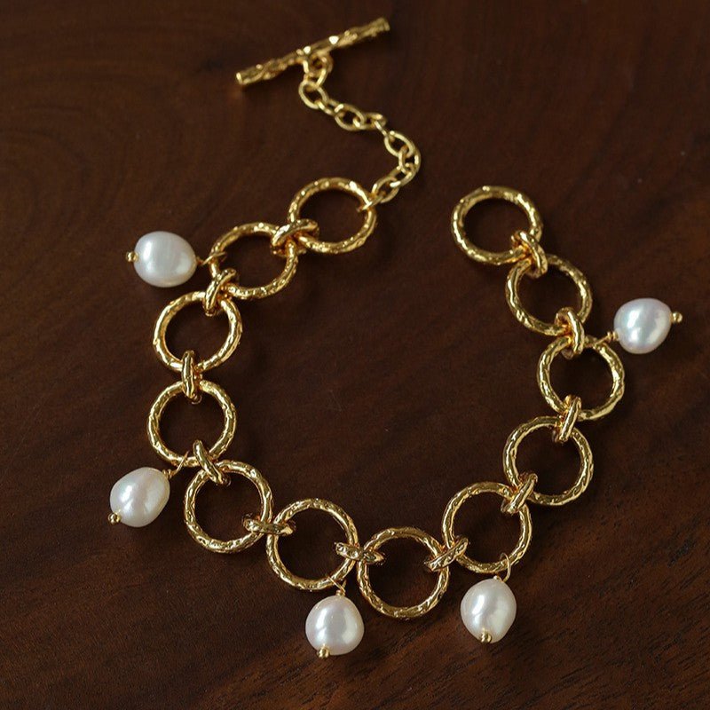 Vintage Hammered Circle Link Freshwater Pearl Bracelet - floysun