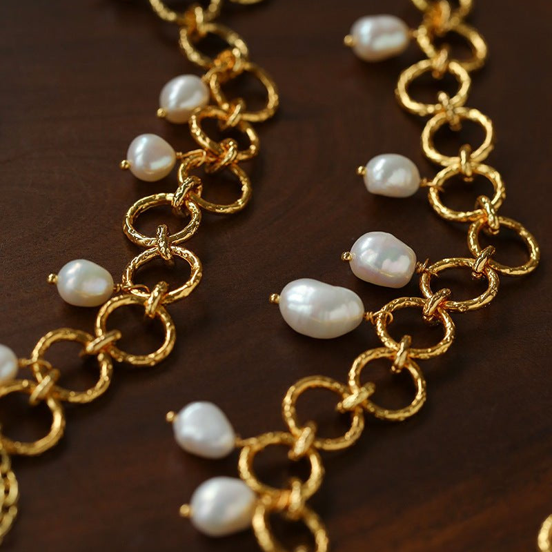 Vintage Hammered Circle Link Freshwater Pearl Necklace - floysun