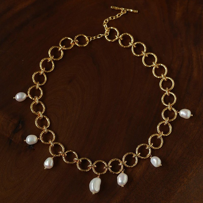 Vintage Hammered Circle Link Freshwater Pearl Necklace - floysun
