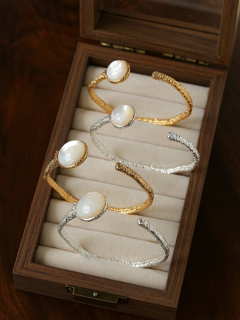 Vintage Hammered Lava Texture White Mother of Pearl Open Cuff Bracelet - floysun