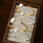 Vintage Hammered Lava Texture White Mother of Pearl Open Cuff Bracelet - floysun