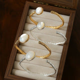 Vintage Hammered Lava Texture White Mother of Pearl Open Cuff Bracelet - floysun