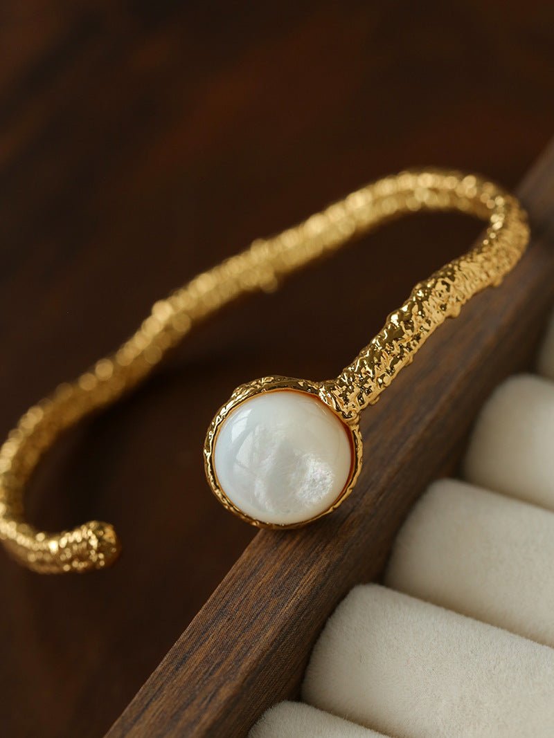 Vintage Hammered Lava Texture White Mother of Pearl Open Cuff Bracelet - floysun