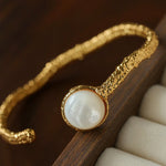 Vintage Hammered Lava Texture White Mother of Pearl Open Cuff Bracelet - floysun