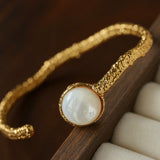 Vintage Hammered Lava Texture White Mother of Pearl Open Cuff Bracelet - floysun