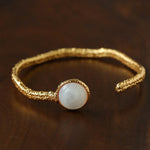Vintage Hammered Lava Texture White Mother of Pearl Open Cuff Bracelet - floysun