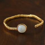 Vintage Hammered Lava Texture White Mother of Pearl Open Cuff Bracelet - floysun