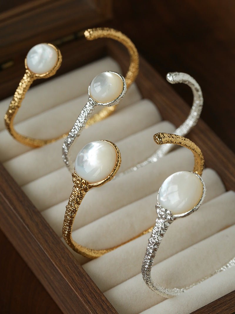 Vintage Hammered Lava Texture White Mother of Pearl Open Cuff Bracelet - floysun