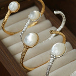 Vintage Hammered Lava Texture White Mother of Pearl Open Cuff Bracelet - floysun