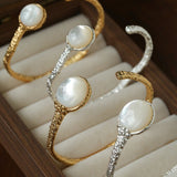 Vintage Hammered Lava Texture White Mother of Pearl Open Cuff Bracelet - floysun