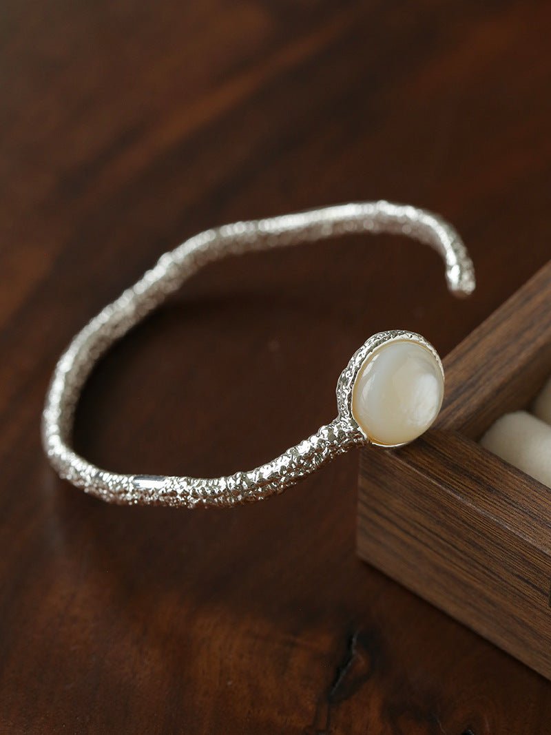 Vintage Hammered Lava Texture White Mother of Pearl Open Cuff Bracelet - floysun