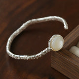 Vintage Hammered Lava Texture White Mother of Pearl Open Cuff Bracelet - floysun