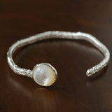 Vintage Hammered Lava Texture White Mother of Pearl Open Cuff Bracelet - floysun