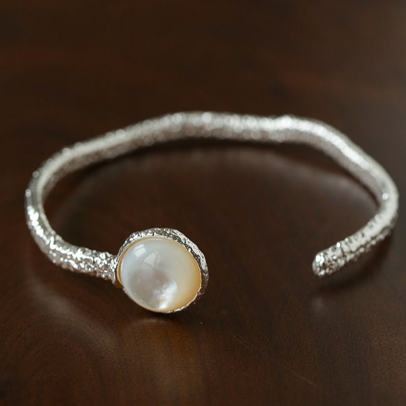 Vintage Hammered Lava Texture White Mother of Pearl Open Cuff Bracelet - floysun