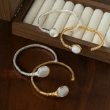 Vintage Hammered Lava Texture White Mother of Pearl Open Cuff Bracelet - floysun