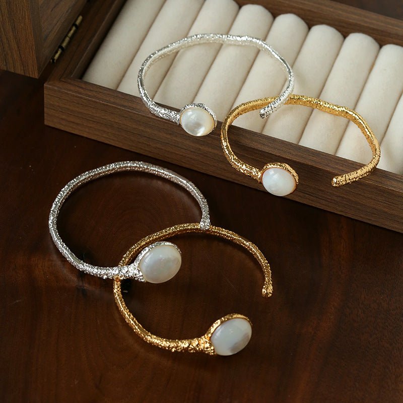 Vintage Hammered Lava Texture White Mother of Pearl Open Cuff Bracelet - floysun