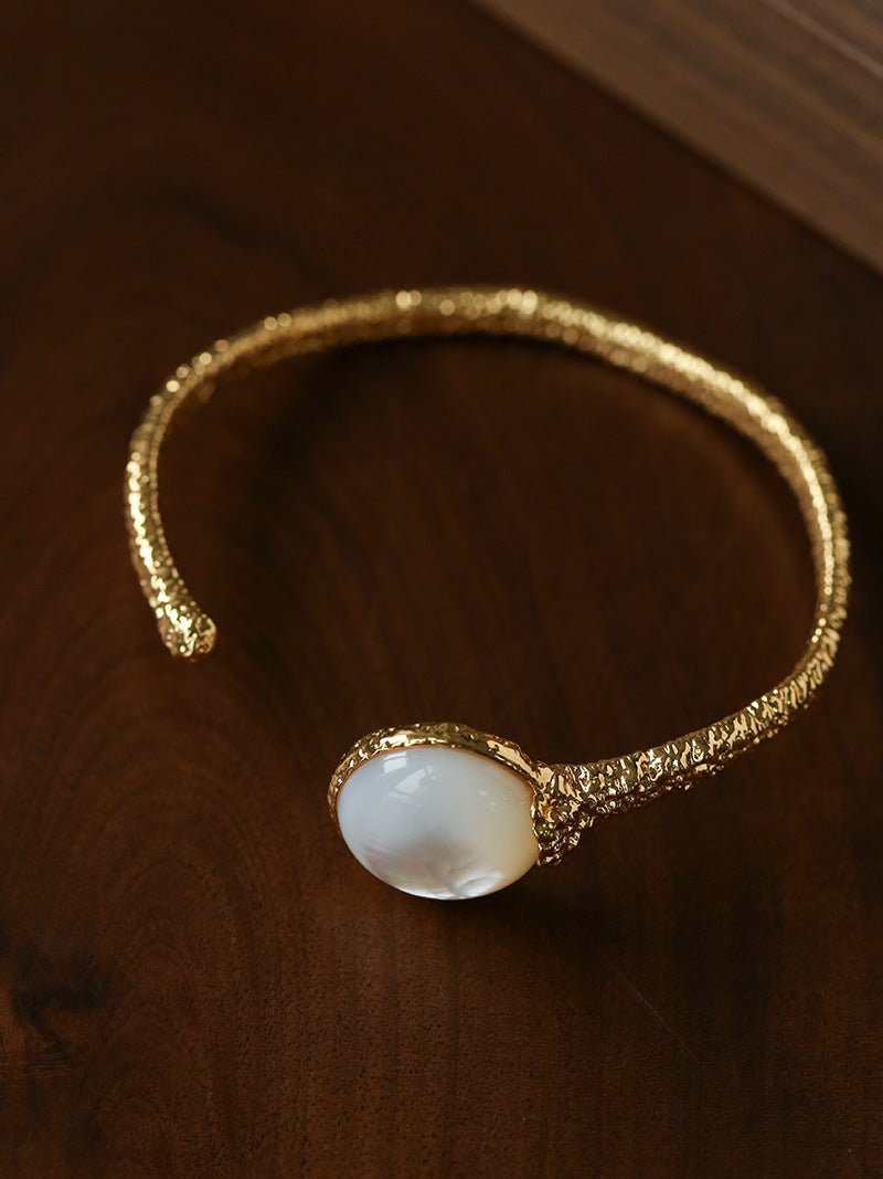 Vintage Hammered Lava Texture White Mother of Pearl Open Cuff Bracelet - floysun