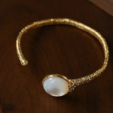 Vintage Hammered Lava Texture White Mother of Pearl Open Cuff Bracelet - floysun