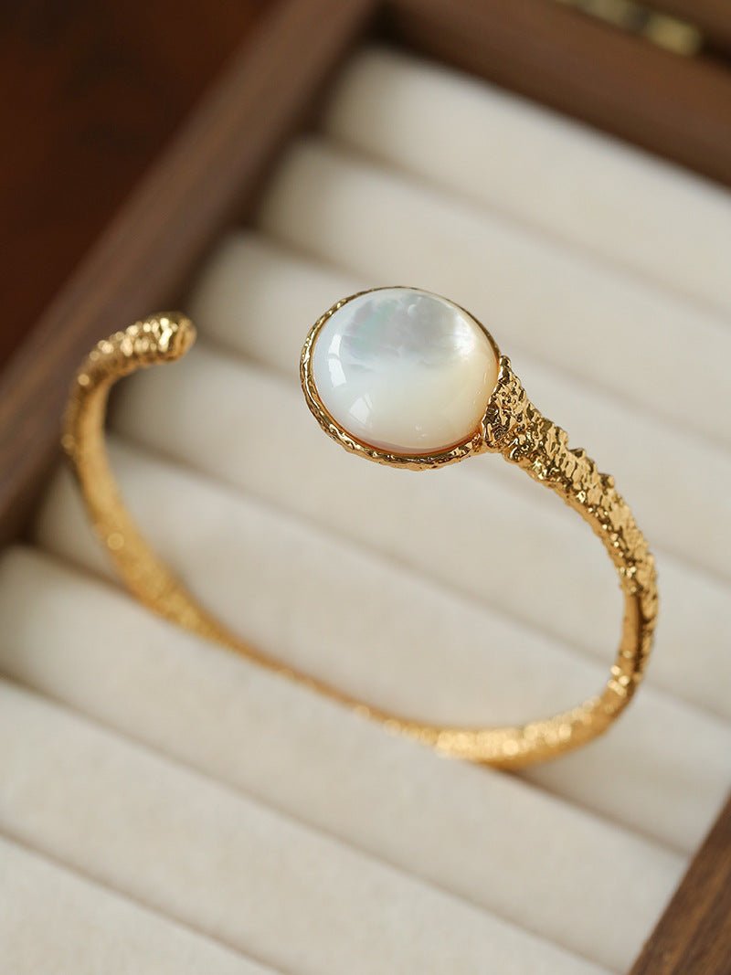 Vintage Hammered Lava Texture White Mother of Pearl Open Cuff Bracelet - floysun