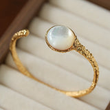 Vintage Hammered Lava Texture White Mother of Pearl Open Cuff Bracelet - floysun