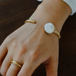 Vintage Hammered Lava Texture White Mother of Pearl Open Cuff Bracelet - floysun