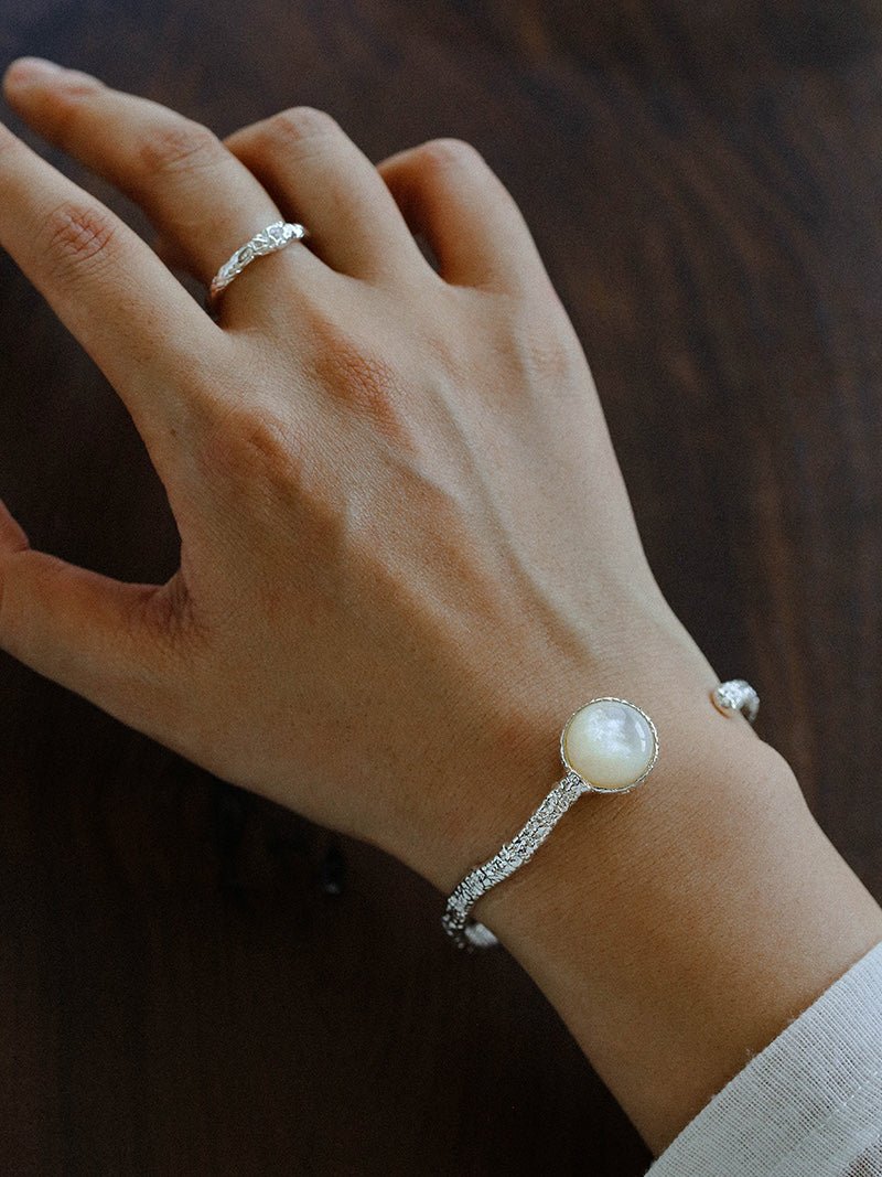 Vintage Hammered Lava Texture White Mother of Pearl Open Cuff Bracelet - floysun