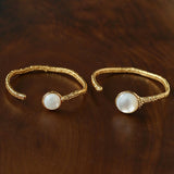Vintage Hammered Lava Texture White Mother of Pearl Open Cuff Bracelet - floysun