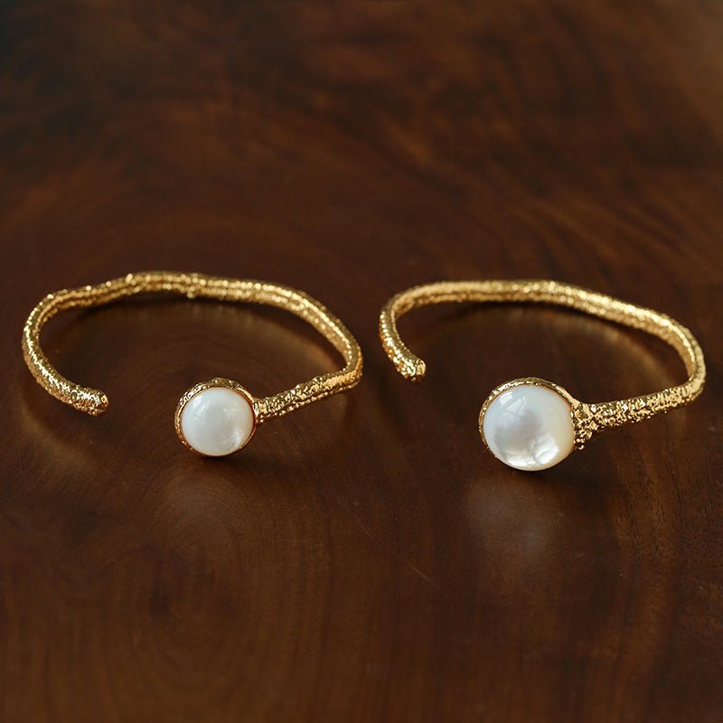 Vintage Hammered Lava Texture White Mother of Pearl Open Cuff Bracelet - floysun