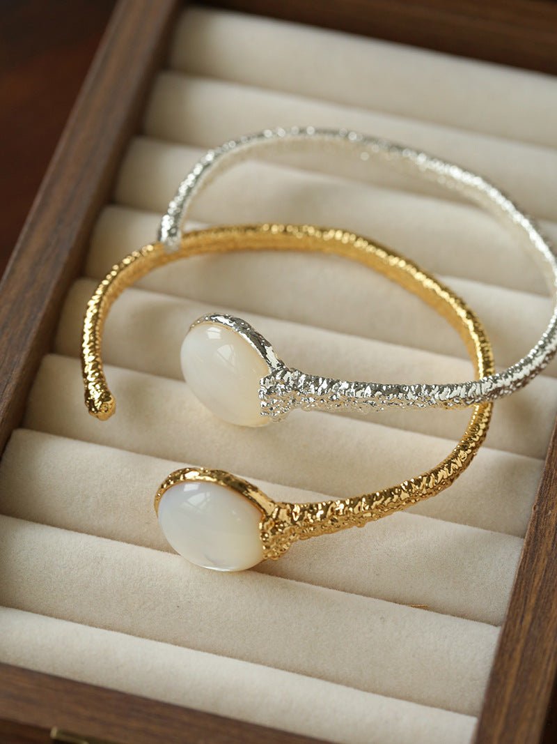 Vintage Hammered Lava Texture White Mother of Pearl Open Cuff Bracelet - floysun
