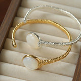 Vintage Hammered Lava Texture White Mother of Pearl Open Cuff Bracelet - floysun