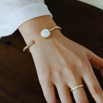 Vintage Hammered Lava Texture White Mother of Pearl Open Cuff Bracelet - floysun