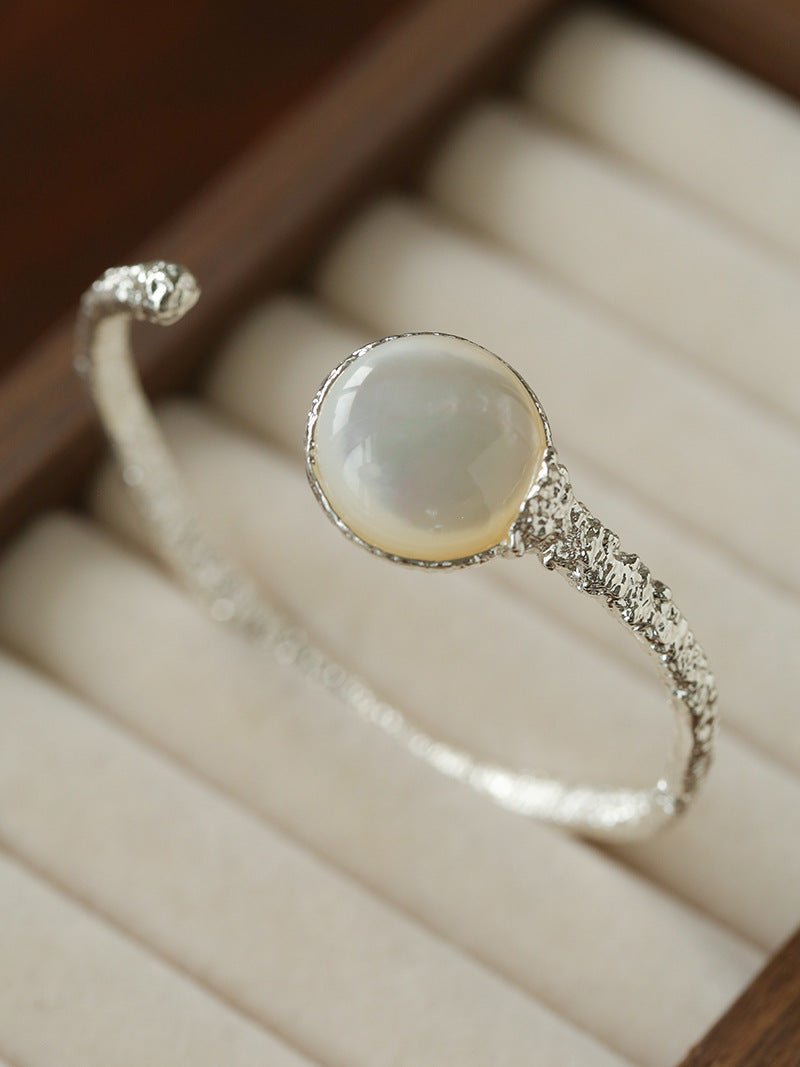 Vintage Hammered Lava Texture White Mother of Pearl Open Cuff Bracelet - floysun