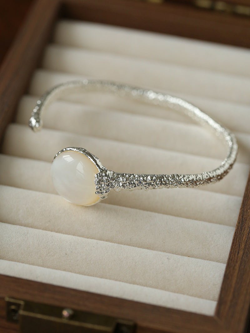 Vintage Hammered Lava Texture White Mother of Pearl Open Cuff Bracelet - floysun