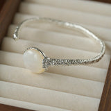 Vintage Hammered Lava Texture White Mother of Pearl Open Cuff Bracelet - floysun