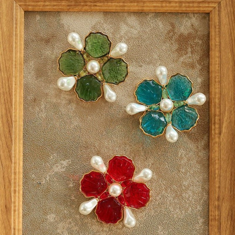 Vintage Handmade Stained Glass Pearl Petal Brooch - floysun